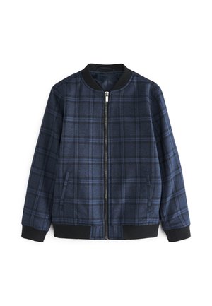 Gemengde bomberjack in marineblauw met zwarte accenten. Heeft een ritssluiting aan de voorkant, een geribde kraag en zijzakken. Zachte, gestructureerde stof.