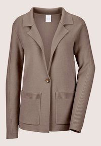 Hellbrauner Cardigan mit einem Kragen, einem einzelnen Knopfverschluss, gerippten Ärmeldetails und zwei vorderen Taschen. Aus weichem Strickmaterial.