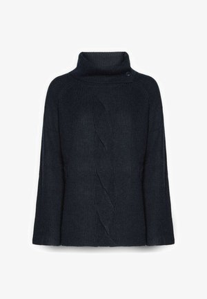 Maglione lavorato a maglia di un blu navy scuro con un collo alto, texture a coste e un motivo a trecce sul davanti. Presenta un singolo bottone al colletto.