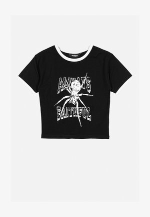 Black cropped t-shirt with white ringer sleeves. Features a graphic print of a spider and the text "ALWAYS FAITHFUL" in distressed white font.
