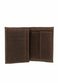 Brown leather bifold wallet with three card slots, a coin pocket flap, and visible stitching along the edges.