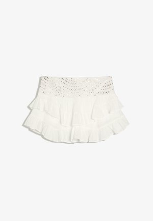 Fustă mini albă cu volane pe niveluri, talie din dantelă cu ochiuri și tiv cu volane stratificate, material ușor, stil casual de vară.