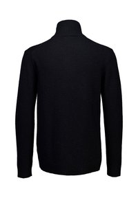 Schwarzer Strickpullover mit Rollkragen, der einen gerippten Kragen und Bündchen aufweist, mit glatter Textur und figurbetontem Design.