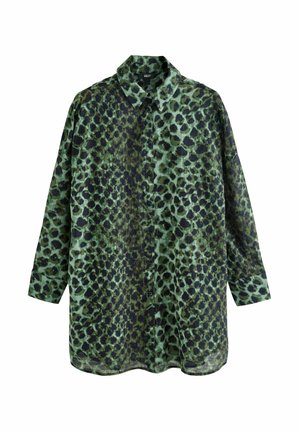 Green button-up shirt featuring a leopard print pattern in various shades of green and black. Long sleeves, relaxed fit, soft texture.