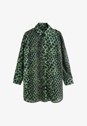 Green button-up shirt featuring a leopard print pattern in various shades of green and black. Long sleeves, relaxed fit, soft texture.