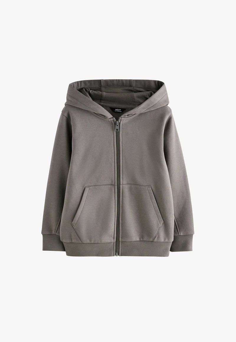 Haut à capuche zippé gris, avec poches kangourou, poignets côtelés et une texture lisse. Conçu en tissu doux et confortable.