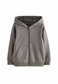 Grauer Reißverschluss-Hoodie mit großer Kapuze, zwei Vordertaschen und gerippten Bündchen. Glatte Textur mit weichem Stofffinish. Einfaches, funktionales Design.