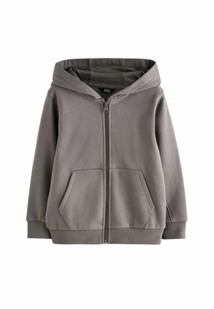 Felpa grigia con zip, dotata di un ampio cappuccio, due tasche frontali e polsini a costine. Texture liscia con finitura in tessuto morbido. Design semplice e funzionale.