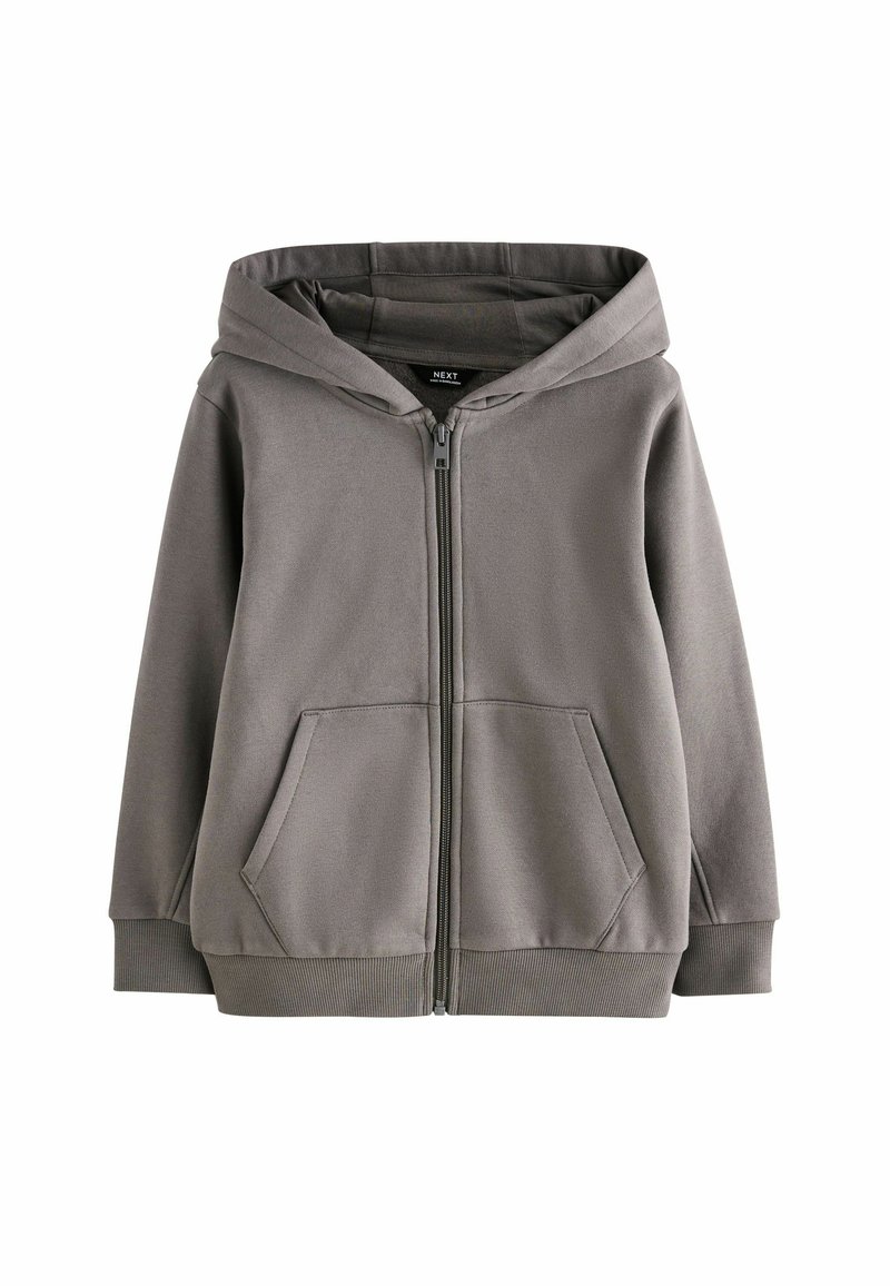Grauer Reißverschluss-Hoodie mit großer Kapuze, zwei Vordertaschen und gerippten Bündchen. Glatte Textur mit weichem Stofffinish. Einfaches, funktionales Design.