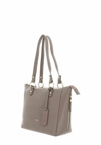 Gray leather tote bag with two long handles, gold-tone hardware, and a zipper detail, featuring a rectangular shape and smooth texture.
