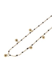 Kulta-sävyinen kaulakoru, jossa vuorotellaan mustia helmiä ja pallomaisia koruja, hienovaraisella ketjumuotoilulla ja kiiltävällä viimeistelyllä.