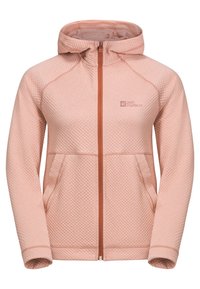 Giacca in fleece rosa con cappuccio, cuciture testurizzate, zip frontale completa, due tasche laterali e logo sul petto.