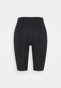 Shorts de vélo noirs taille haute sans couture avec une large ceinture et une longueur mi-cuisse, montrés à plat sur fond blanc.