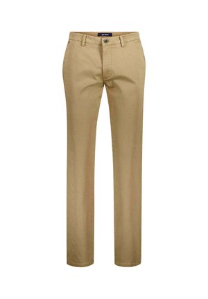 Beige gerade geschnittene Hose mit Gürtelschlaufen, Vorderknopf, Reißverschluss und Seitentaschen, vor weißem Hintergrund präsentiert.