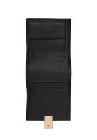 Portafoglio in pelle nera con finitura texture, dotato di più slot per carte e una chiusura con una fibbia in oro nella parte inferiore.