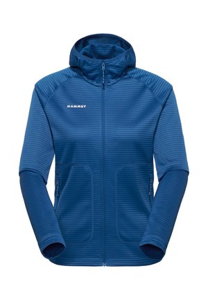 Blaue, strukturierte Kapuzenjacke mit Reißverschluss, Seitentaschen und "MAMMUT"-Logo auf der linken Brust, für den Außeneinsatz konzipiert.