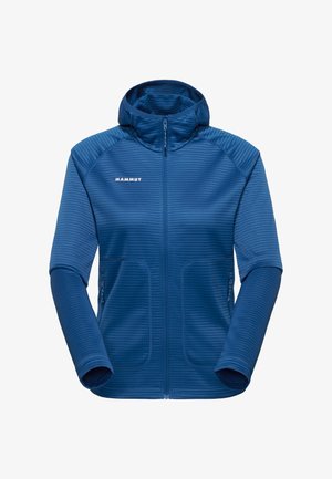 Blaue, strukturierte Kapuzenjacke mit Reißverschluss, Seitentaschen und "MAMMUT"-Logo auf der linken Brust, für den Außeneinsatz konzipiert.