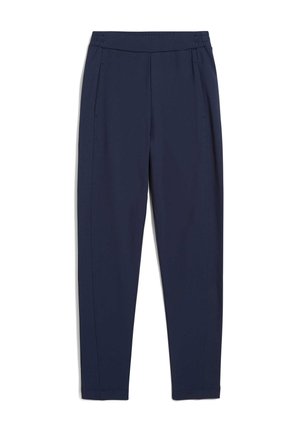 Pantaloni in tessuto elasticizzato di colore blu navy con cintura elastica, tasche laterali e design affusolato. Texture liscia e cuciture pulite.