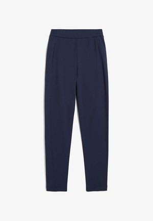 Pantalones de tejido elástico azul marino, con cinturilla elástica, bolsillos laterales y diseño ajustado. Textura suave y costuras limpias.