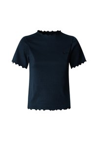 Μπλε ναυτικό κοντομάνικο τοπ από ριμπ ύφασμα με λαιμόκοψη και τελείωμα σε στυλ κυματιστό. Διαθέτει μικρό, μαύρο λογότυπο στο στήθος.