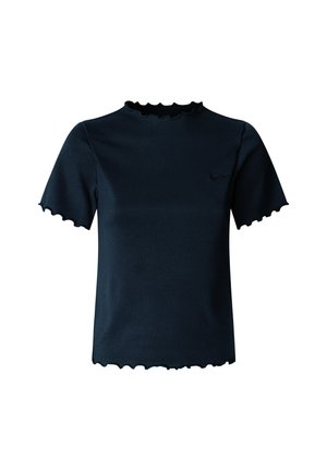 Marineblaues Kurzarm-Top aus geripptem Material mit gewelltem Ausschnitt und Saum. Verfügt über ein kleines, schwarzes Logo auf der Brust.