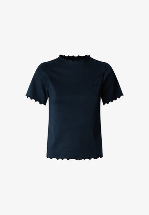 Haut bleu marine à manches courtes en tissu côtelé avec un col et un ourlet festonnés. Présente un petit logo noir sur la poitrine.