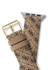 Brązowy wzorzysty pasek do zegarka wykonany z strukturalnego materiału, z metalową złotą klamrą i srebrnym osprzętem do mocowania.