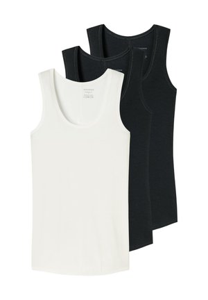 Trzy bezrękawniki w kolorze czarnym i białym, ułożone na sobie, z białym bezrękawnikiem na przodzie, na białym tle.