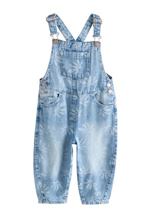 Lyseblå denim buksedragt til småbørn med justerbare stropper og falmede tusindfrydmønstre, med frontlomme på brystet og knaplukning på siden.