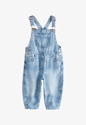Jasnoniebieskie ogrodniczki dziecięce z denimu z regulowanymi ramiączkami i wyblakłymi wzorami stokrotek, z przednią kieszenią na piersi i bocznymi zapięciami na guziki.