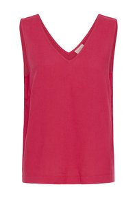 Haut sans manches fuchsia avec un col en V, fabriqué en tissu léger, doté d'une coupe décontractée et d'un détail de couture minimaliste.