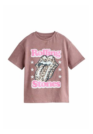 Braunes oversized T-Shirt mit pinkem "Rolling Stones"-Schriftzug und einem Leopardenmuster auf der Zunge, umgeben von weißen Sternen.