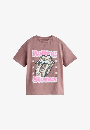 Braunes oversized T-Shirt mit pinkem "Rolling Stones"-Schriftzug und einem Leopardenmuster auf der Zunge, umgeben von weißen Sternen.