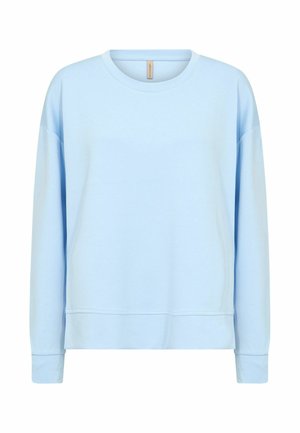 Svetlomodrá mikina s dlhým rukávom a okrúhlym výstrihom, s jednoduchým, voľným strihom a rebrovanými manžetami a lemom, zobrazená na bielom pozadí.