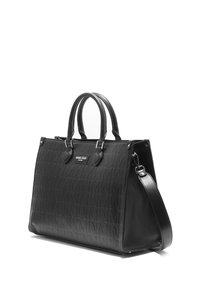 Borsa a mano nera con texture, caratterizzata da un logo, doppi manici superiore e una tracolla removibile. Design strutturato con una finitura lucida.