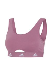 Rosa sportbehå med rundad halsringning, breda axelband och utskärning. Har ett märkesband i elastisk material med vita adidas-logotyper. Mjuk tyghållning.