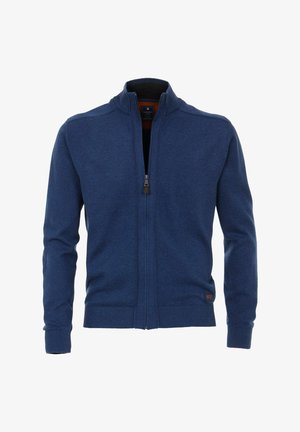 Blaues Reißverschluss-Cardigan aus weichem Strickstoff. Mit hohem Kragen, gerippten Bündchen und einem kleinen Logotag am Saum.