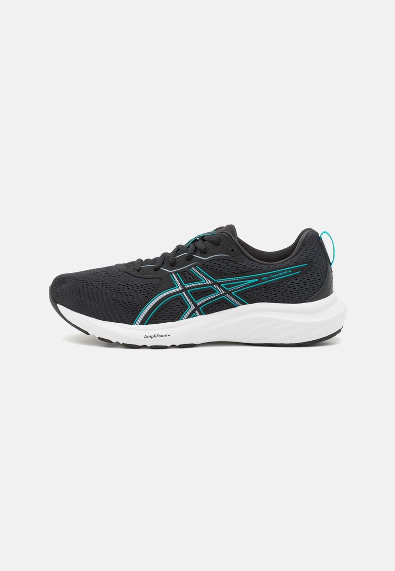 Zwarte sportieve schoenen met een bovenwerk van mesh, voorzien van turquoise accenten en een witte tussenzool, ontworpen voor comfort en ondersteuning.