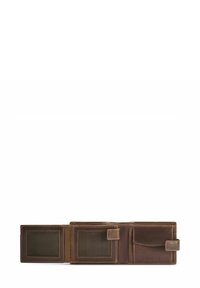 Brązowy portfel ze skóry z wieloma miejscami na karty, okienkami z siateczki na dowody tożsamości, przednią kieszenią i magnetycznym zapięciem. Gładka tekstura i kompaktowy design.