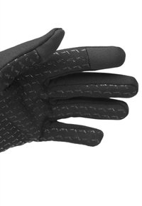 Black gloves with textured grip on the palms and fingers, made of flexible material, featuring a smooth back and fitted design.