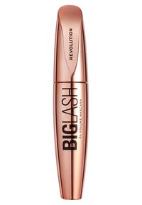 Mascaratube in Roségold mit geschwungenem Design. In bolden schwarzen Buchstaben steht "BIG LASH" und "XL VOLUME MASCARA" darauf. Glatte, glänzende Oberfläche.