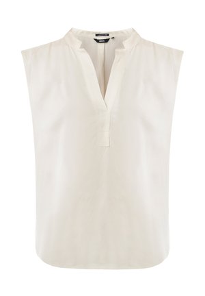 Blouse sans manches de couleur crème clair avec un col mandarin et une patte de boutonnage à mi-hauteur. Tissu lisse avec une coupe décontractée et un drapé subtil.