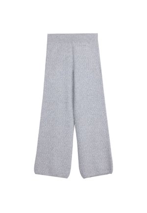 Hellgraue gestrickte Hose mit weitem Bein, strukturiertem Muster und breitem elastischem Bund, flach auf weißem Hintergrund dargestellt.