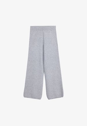 Hellgraue gestrickte Hose mit weitem Bein, strukturiertem Muster und breitem elastischem Bund, flach auf weißem Hintergrund dargestellt.