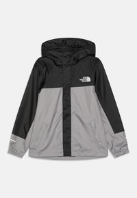 Wasserabweisende Jacke aus schwarzem und grauem Material, mit durchgehendem Reißverschluss, Kapuze, zwei Seitentaschen und Logos auf der Brust und dem Ärmel.