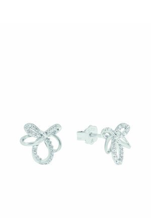 Pendientes de plata en forma de lazo, con una superficie texturada y acentos brillantes. Hechos de plata de ley 925 con cierre de tuerca.