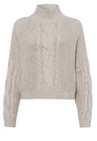 Kermanvalkoinen neulepusero, jossa on korkea kaulus ja yhdistelmä ribbineuletta sekä palmikkokuvioita, lyhyt malli ja rento istuvuus hihoissa.