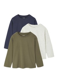 Drei langärmlige Hemden: marineblau, olivgrün und hellgrau. Aus weichem Baumwollstoff mit Rundhalsausschnitten und einem schlichten, klassischen Design.