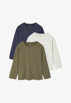 Three long-sleeve shirts: navy blue, olive green, and light gray. Made of soft cotton with crew necklines and simple, classic design.