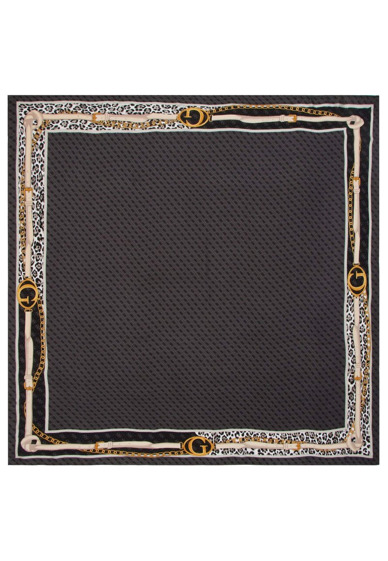 Vierkante stof in donkergrijs met een verhoogde textuur, omgeven door een decoratieve rand met gouden kettingen en accenten van luipaardprint.